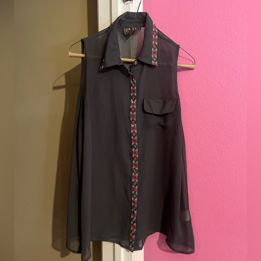 Dollhouse Black Sleeveless Collared Blouse with Embroidered Trim